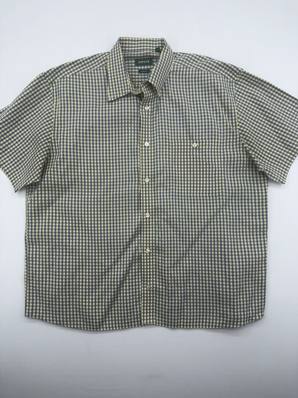 Orvis Check Navy Blue & Yellow Plaid Men’s Button Down Active Fit Shirt XXL